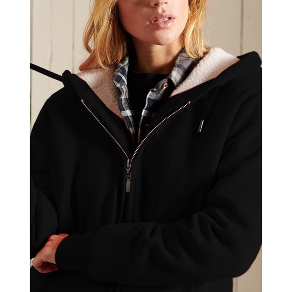 NWT Yeokou Black Sherpa Lined Full Zip Hoodie Jacket Cozy Winter Small - Picture 3 of 8